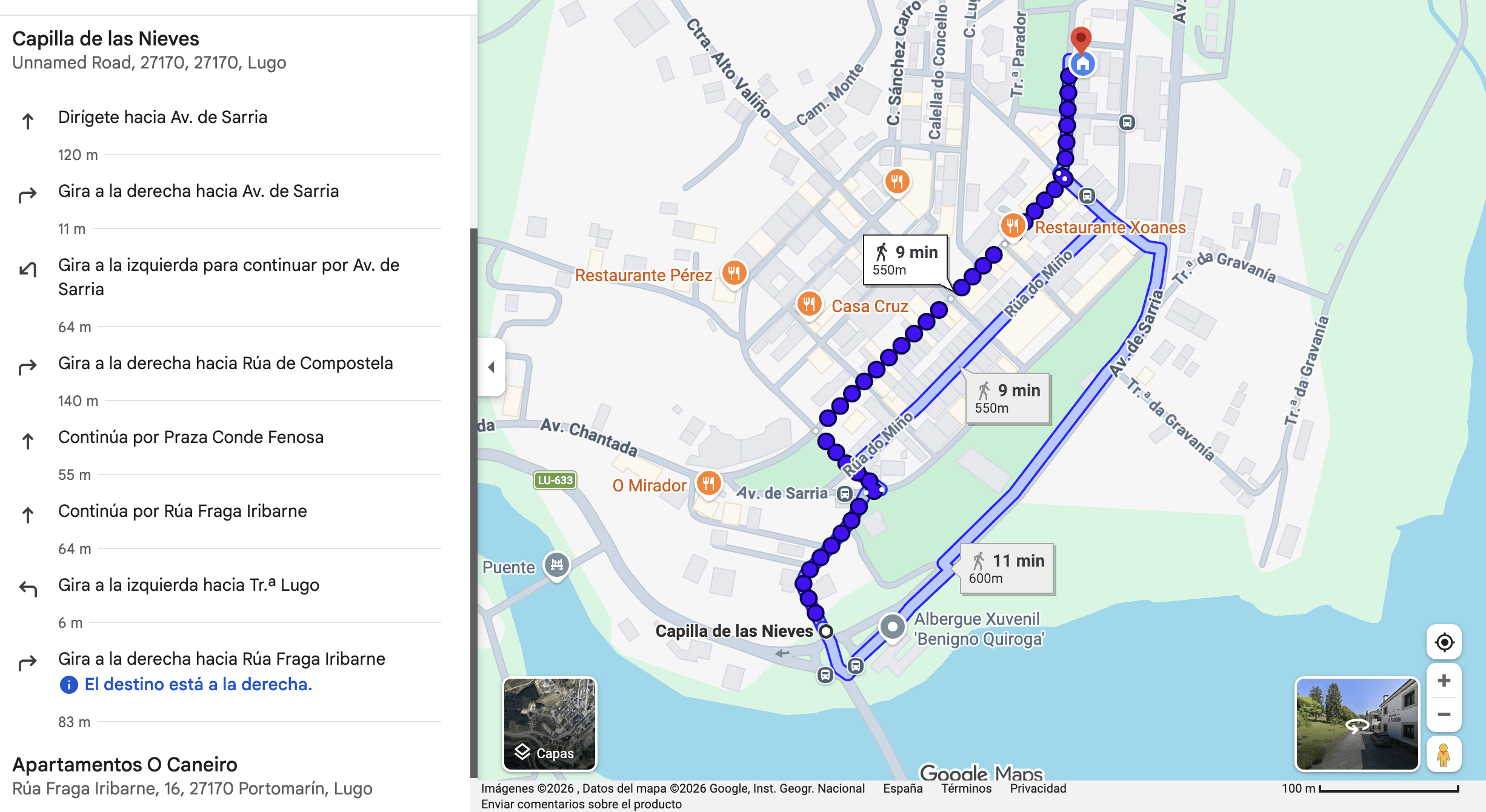 Ubicación de Apartamentos O Caneiro en Portomarín, cerca del Camino de Santiago